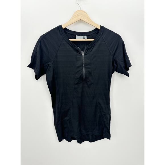 Athleta Black Pacifica UPF Tee 2 Women M Short Sleeve Zip Front Stretch Outdoor - Picture 1 of 9